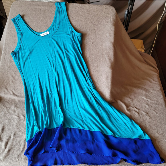 Calvin Klein Dresses & Skirts - Calvin Klein Dress Womens Medium Asymmetrical Ruffle Aqua Blue Beach
